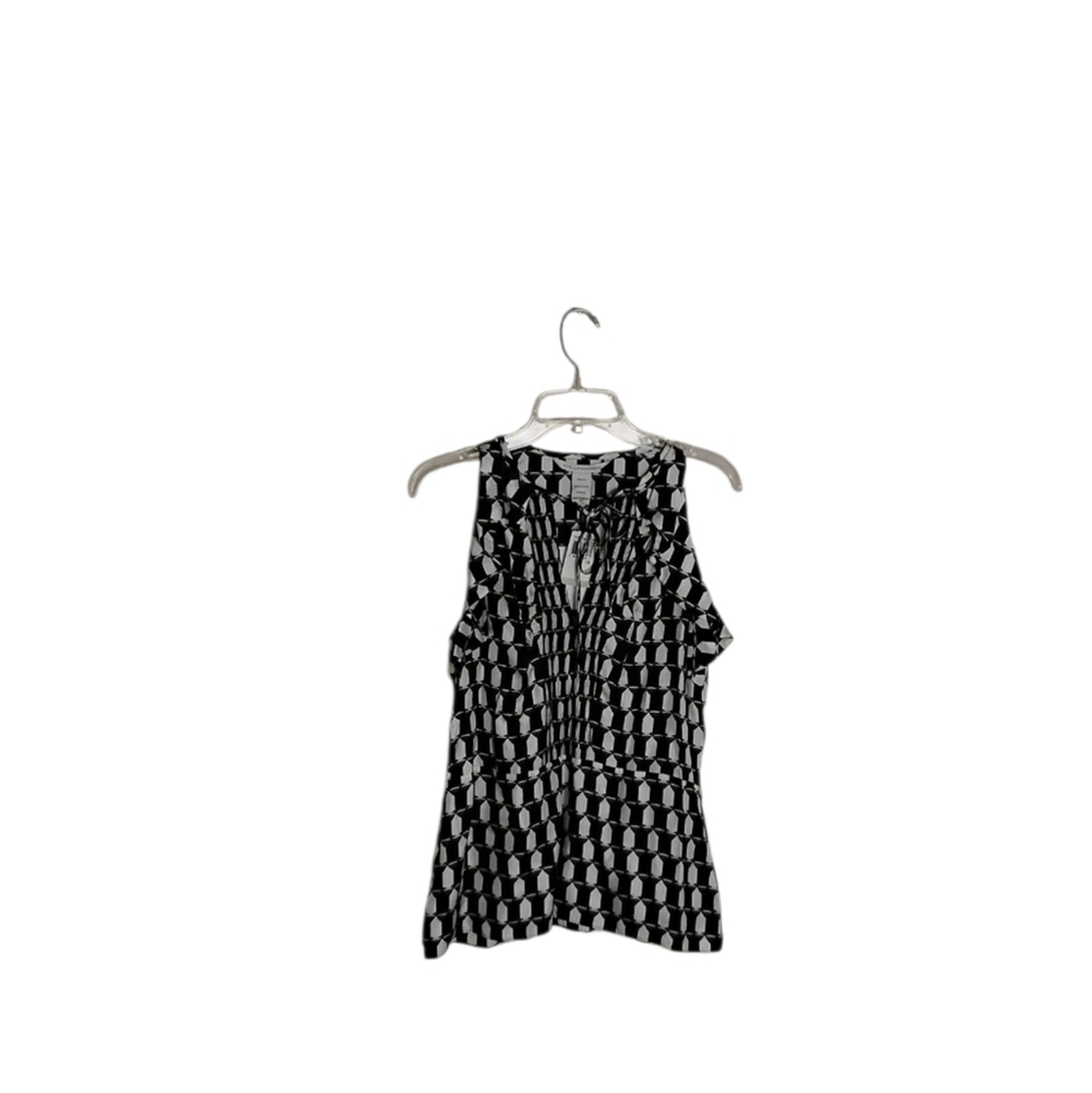 Diane Von Furstenberg Top Women's 100% Silk Black White Blue Geometric Pattern